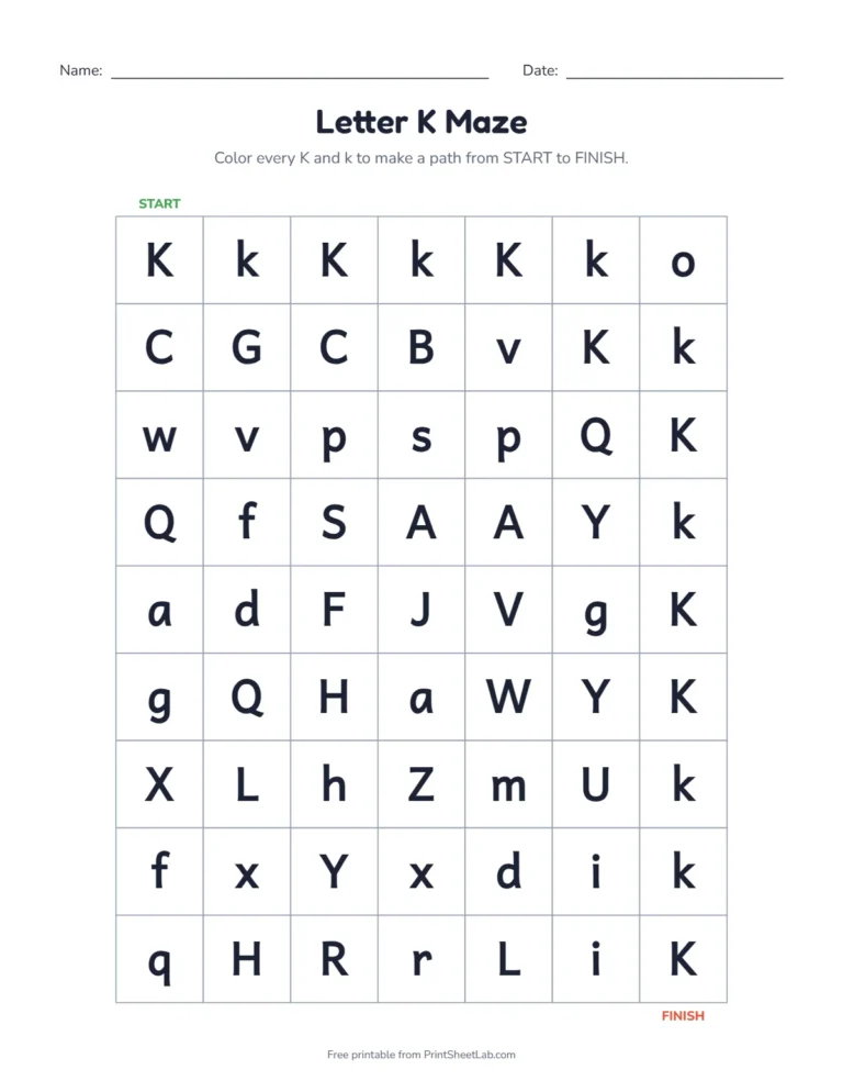 Letter K worksheets kindergarten maze: color the K squares from start to finish