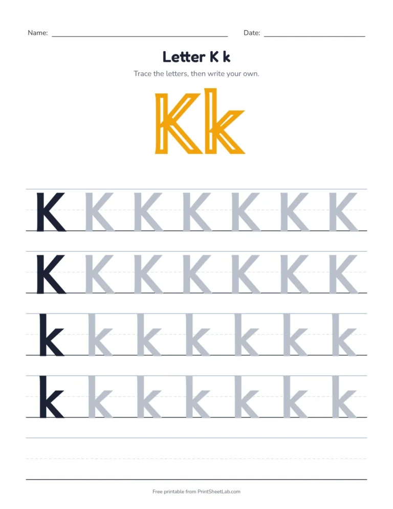 Letter K tracing worksheet with uppercase K and lowercase k rows