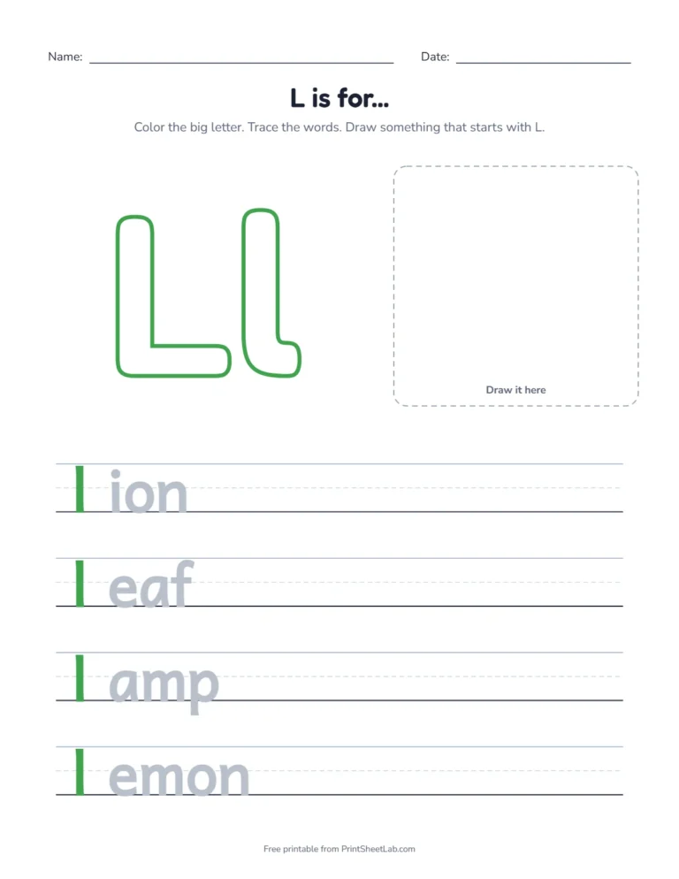 L is for lion coloring page with lion, leaf, lamp and lemon to trace