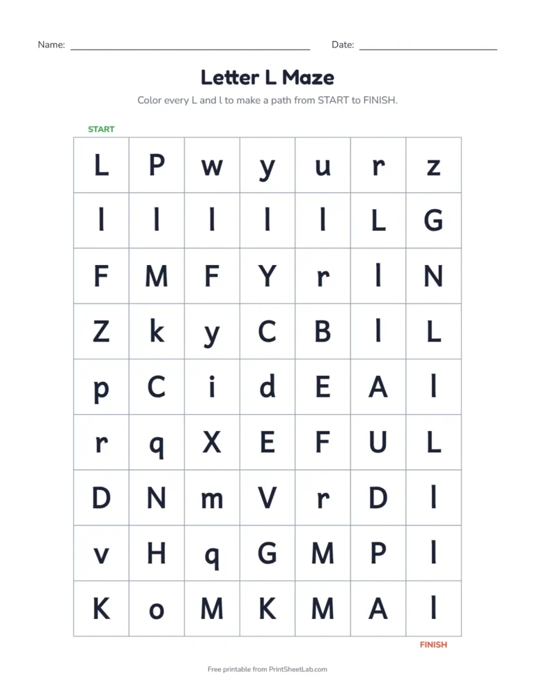 Letter L worksheets kindergarten maze: color the L squares from start to finish