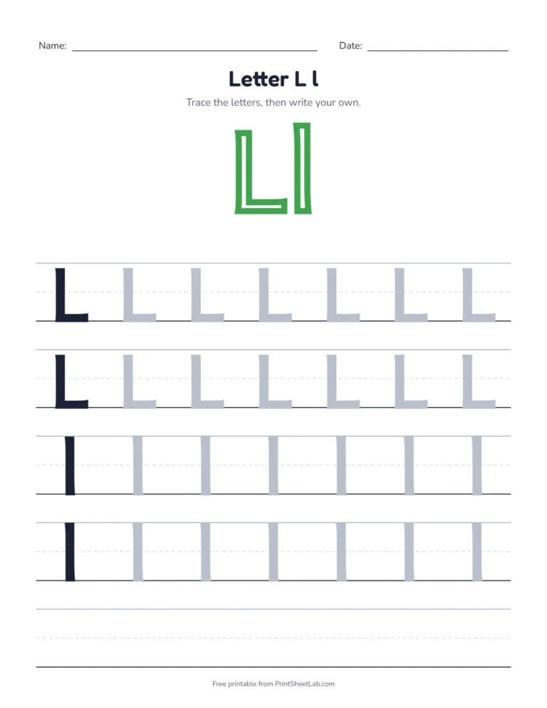 Letter L tracing worksheet with uppercase L and lowercase l rows