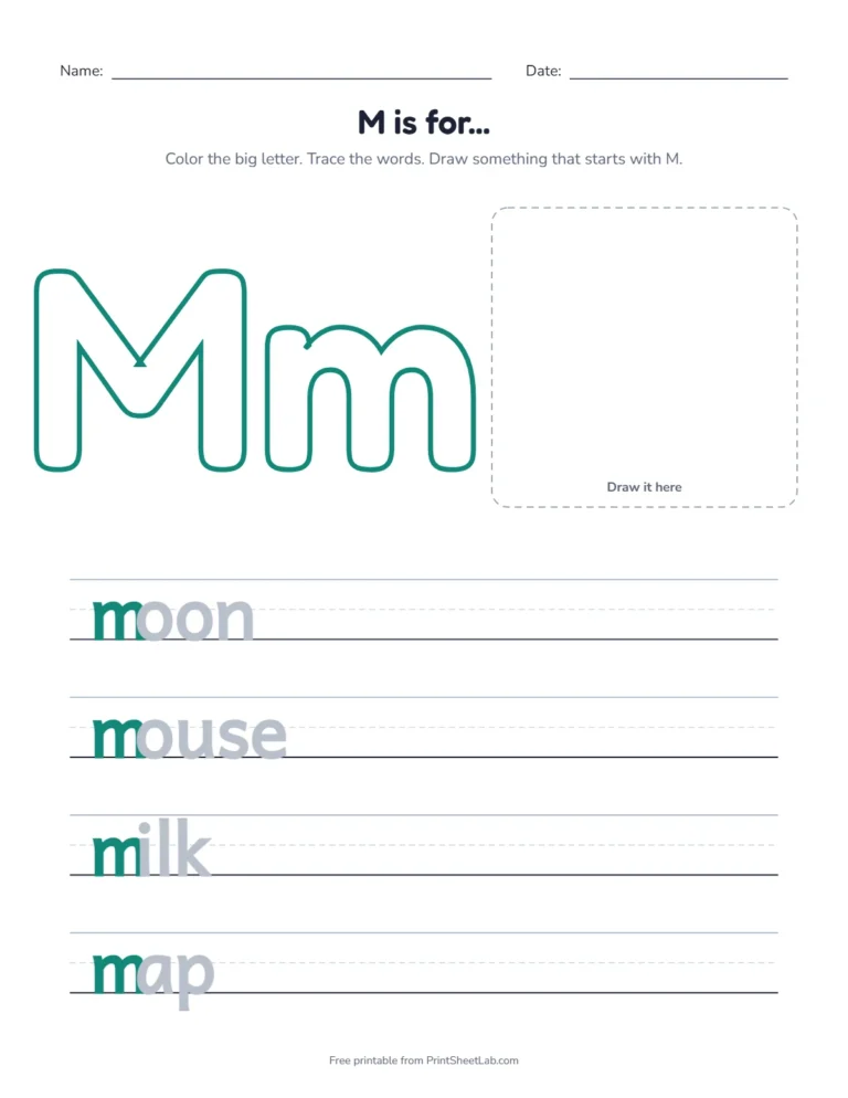 M is for moon coloring page with moon, mouse, milk and map to trace