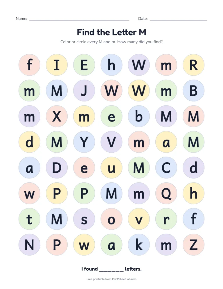 Letter M worksheets: find the letter M among look-alike letters