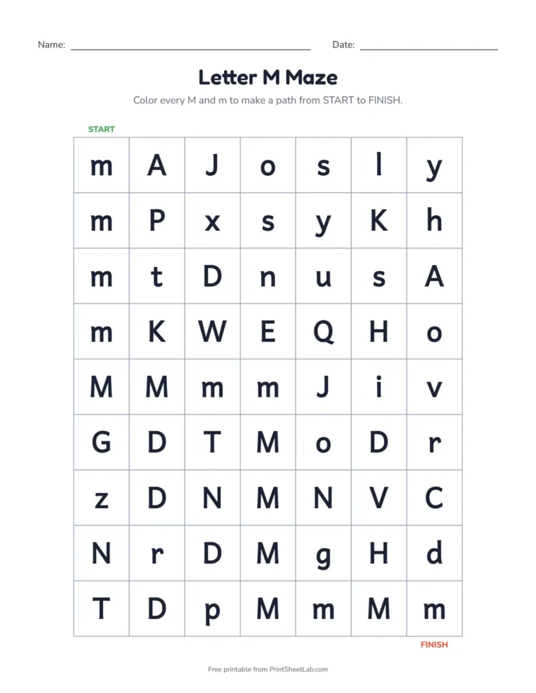 Letter M worksheets kindergarten maze: color the M squares from start to finish