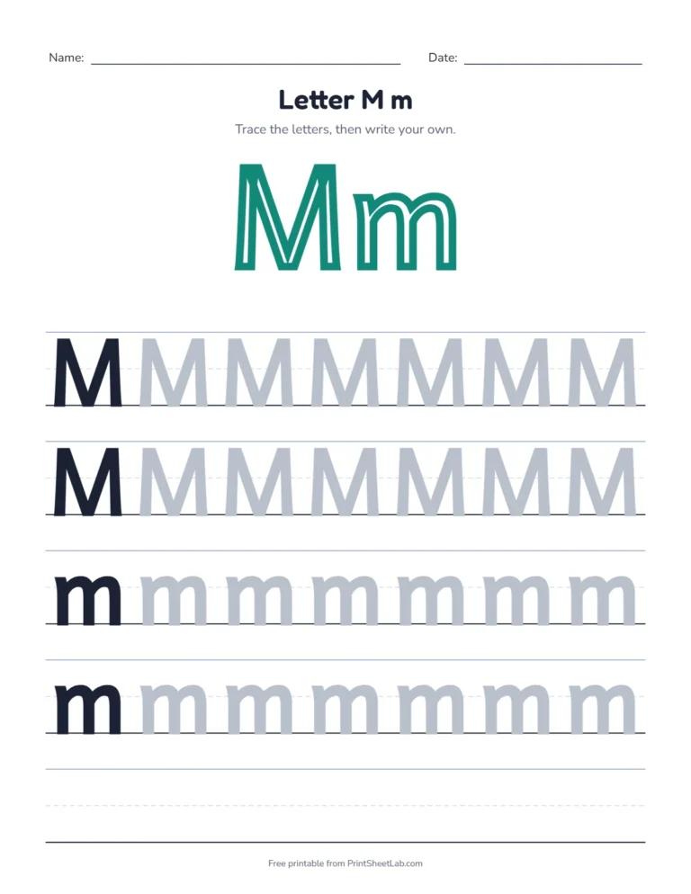 Letter M tracing worksheet with uppercase M and lowercase m rows