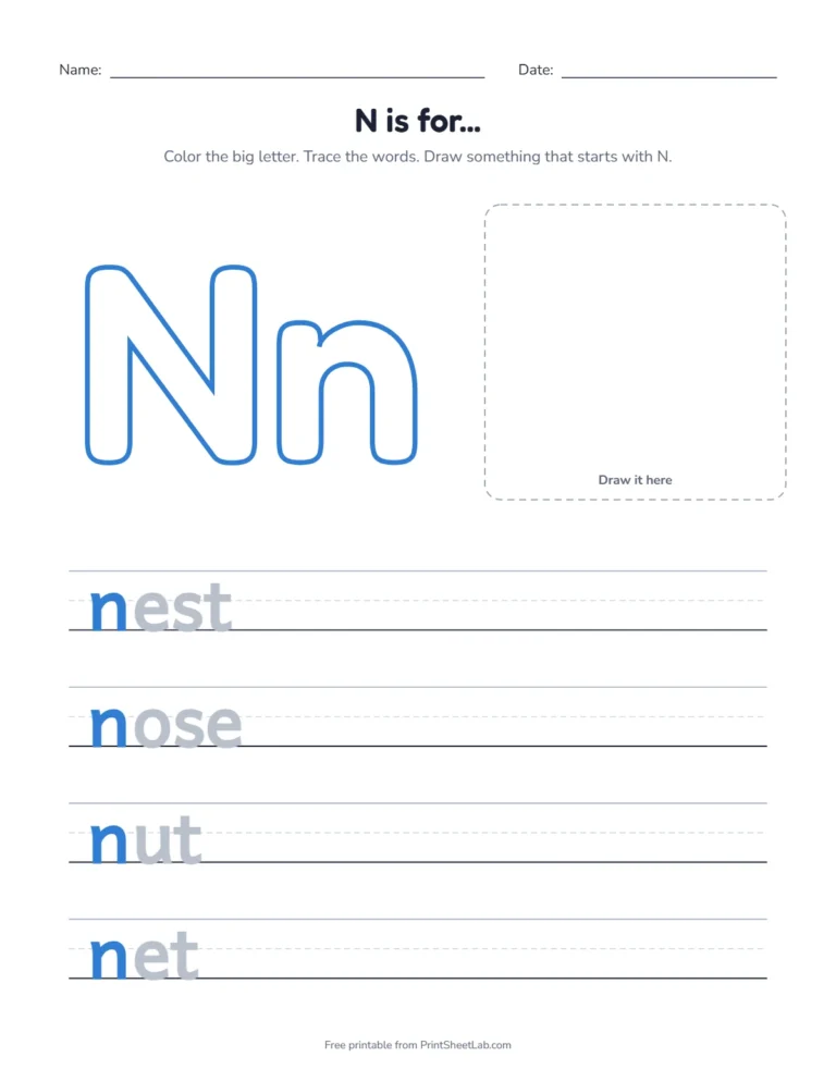 N is for nest coloring page with nest, nose, nut and net to trace