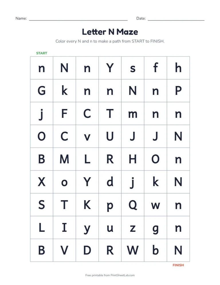 Letter N worksheets kindergarten maze: color the N squares from start to finish