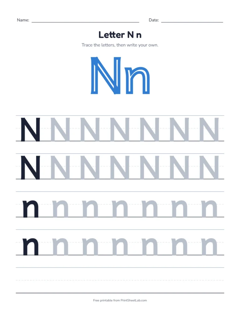 Letter N tracing worksheet with uppercase N and lowercase n rows