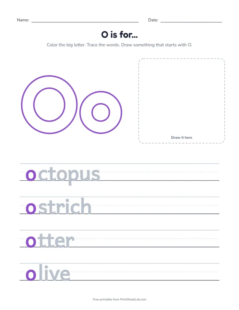 O is for octopus coloring page with octopus, ostrich, otter and olive to trace