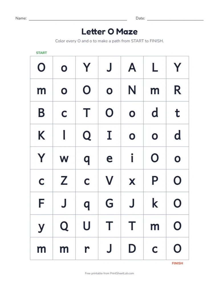 Letter O worksheets kindergarten maze: color the O squares from start to finish