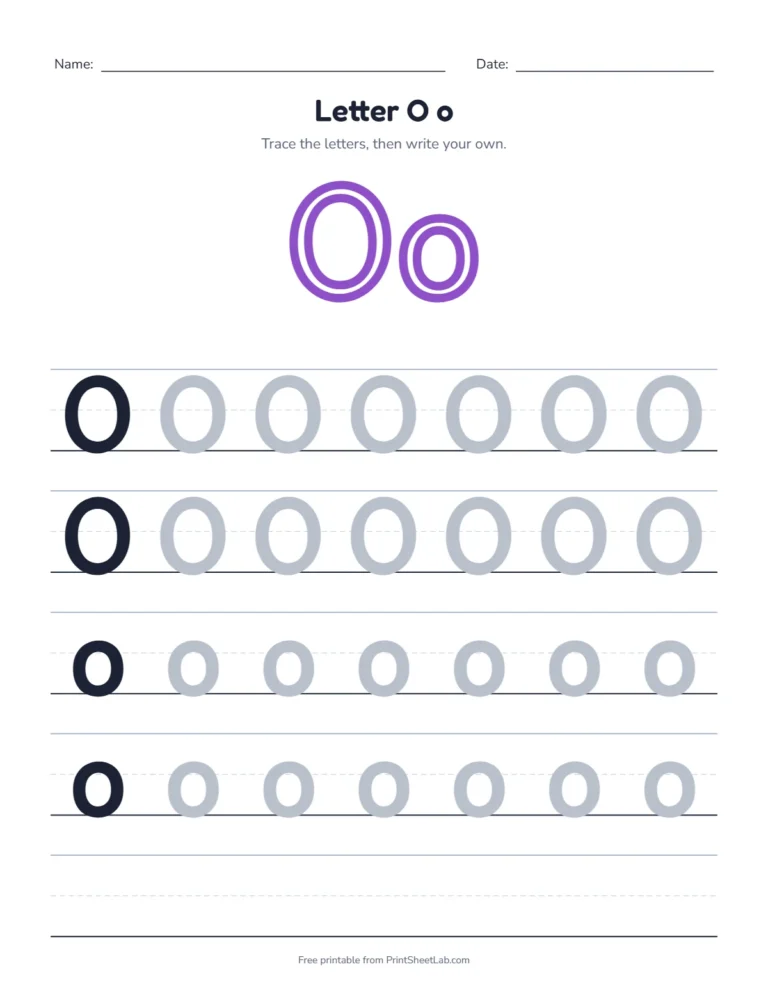 Letter O tracing worksheet with uppercase O and lowercase o rows
