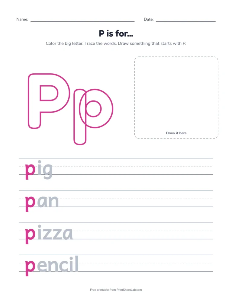 P is for pig coloring page with pig, pan, pizza and pencil to trace