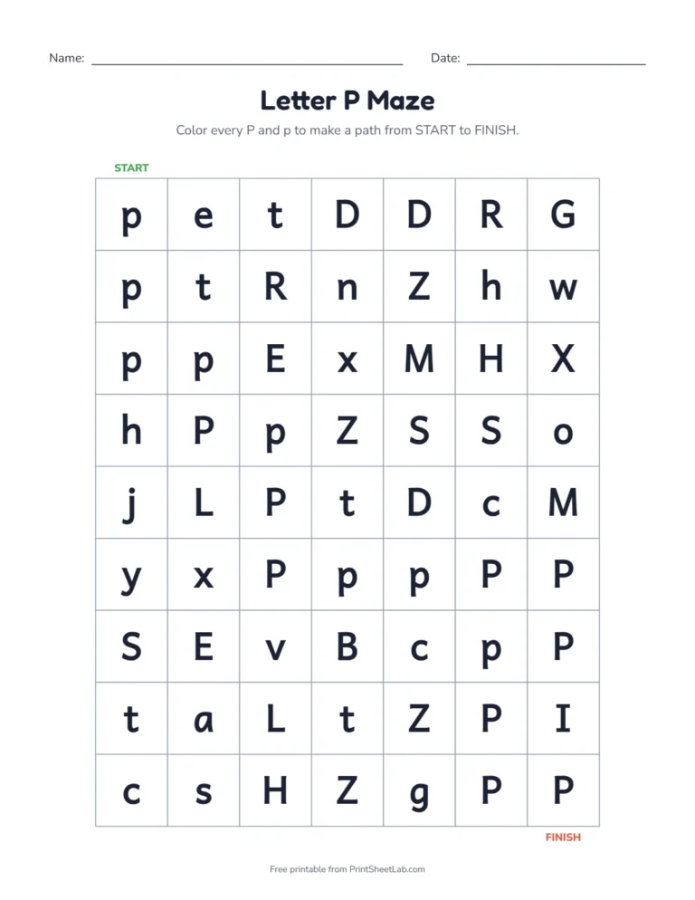Letter P worksheets kindergarten maze: color the P squares from start to finish