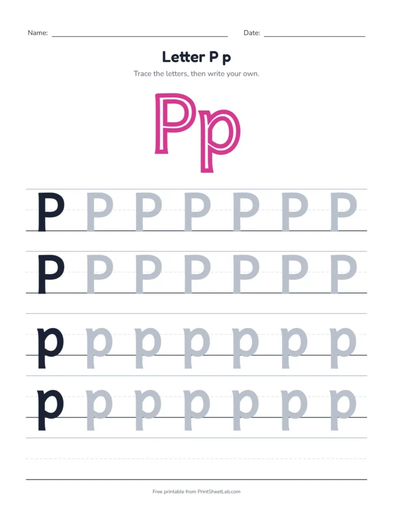 Letter P tracing worksheet with uppercase P and lowercase p rows