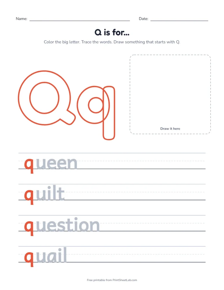 Q is for queen coloring page with queen, quilt, question and quail to trace