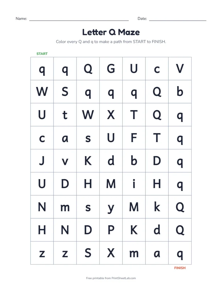 Letter Q worksheets kindergarten maze: color the Q squares from start to finish