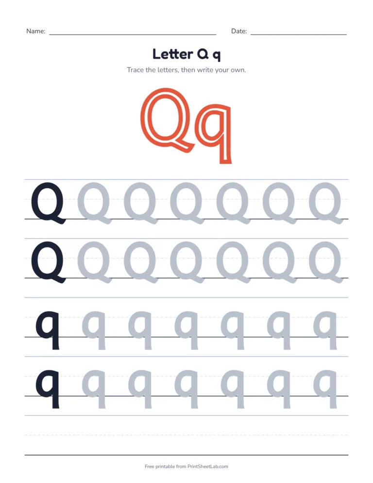 Letter Q tracing worksheet with uppercase Q and lowercase q rows