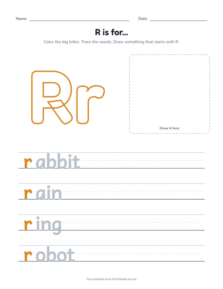 R is for rabbit coloring page with rabbit, rain, ring and robot to trace