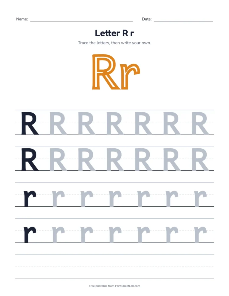 Letter R tracing worksheet with uppercase R and lowercase r rows