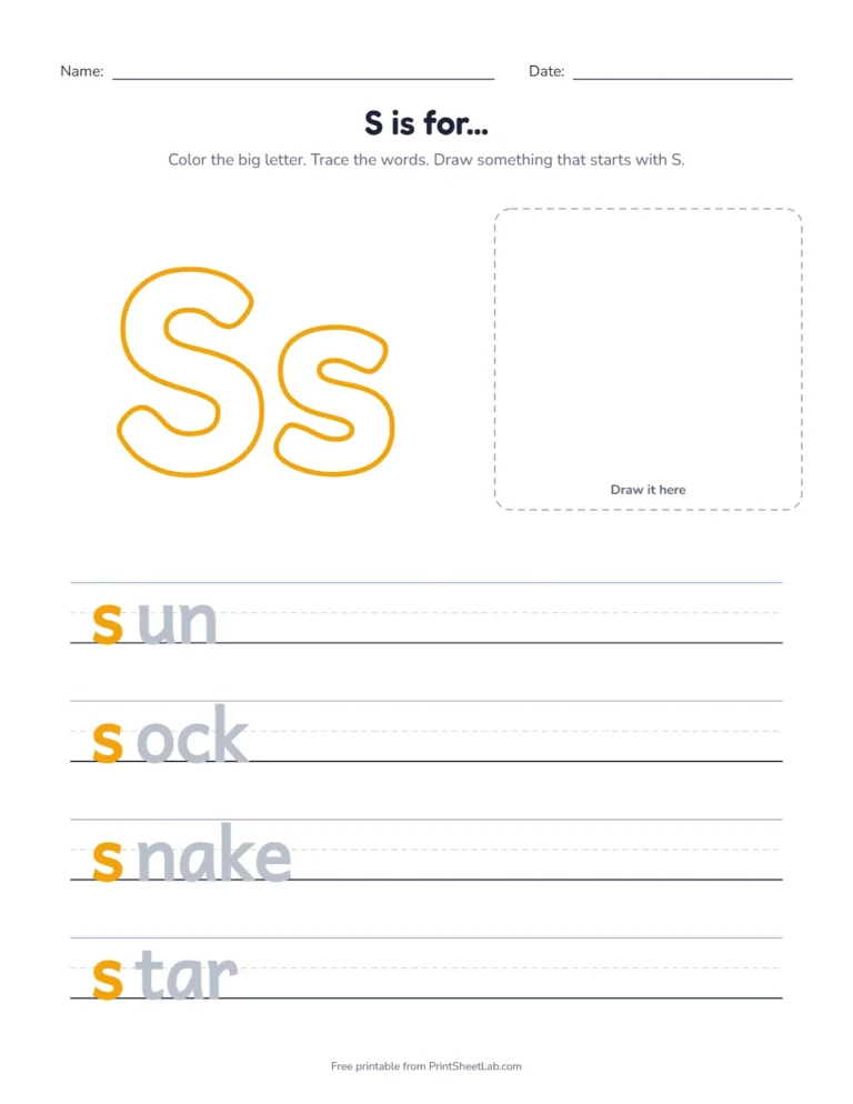 S is for sun coloring page with sun, sock, snake and star to trace