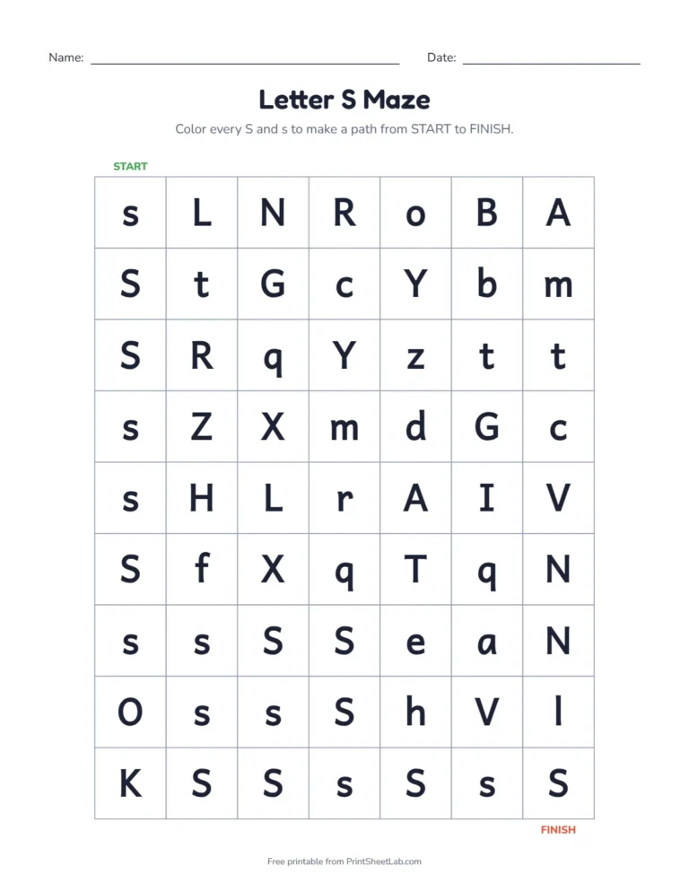 Letter S worksheets kindergarten maze: color the S squares from start to finish