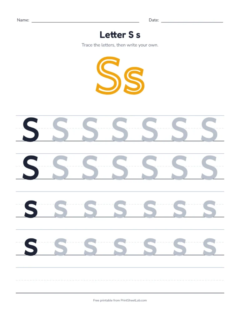 Letter S tracing worksheet with uppercase S and lowercase s rows