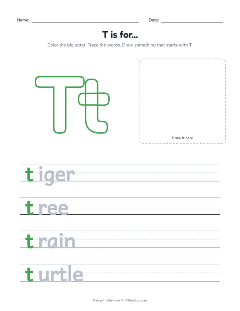 T is for tiger coloring page with tiger, tree, train and turtle to trace