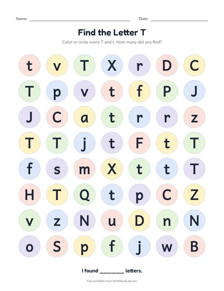 Letter T worksheets: find the letter T among look-alike letters
