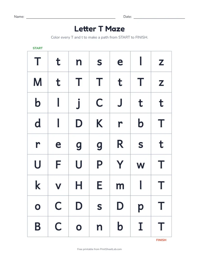 Letter T worksheets kindergarten maze: color the T squares from start to finish