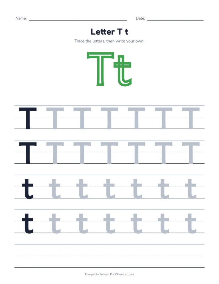 Letter T tracing worksheet with uppercase T and lowercase t rows