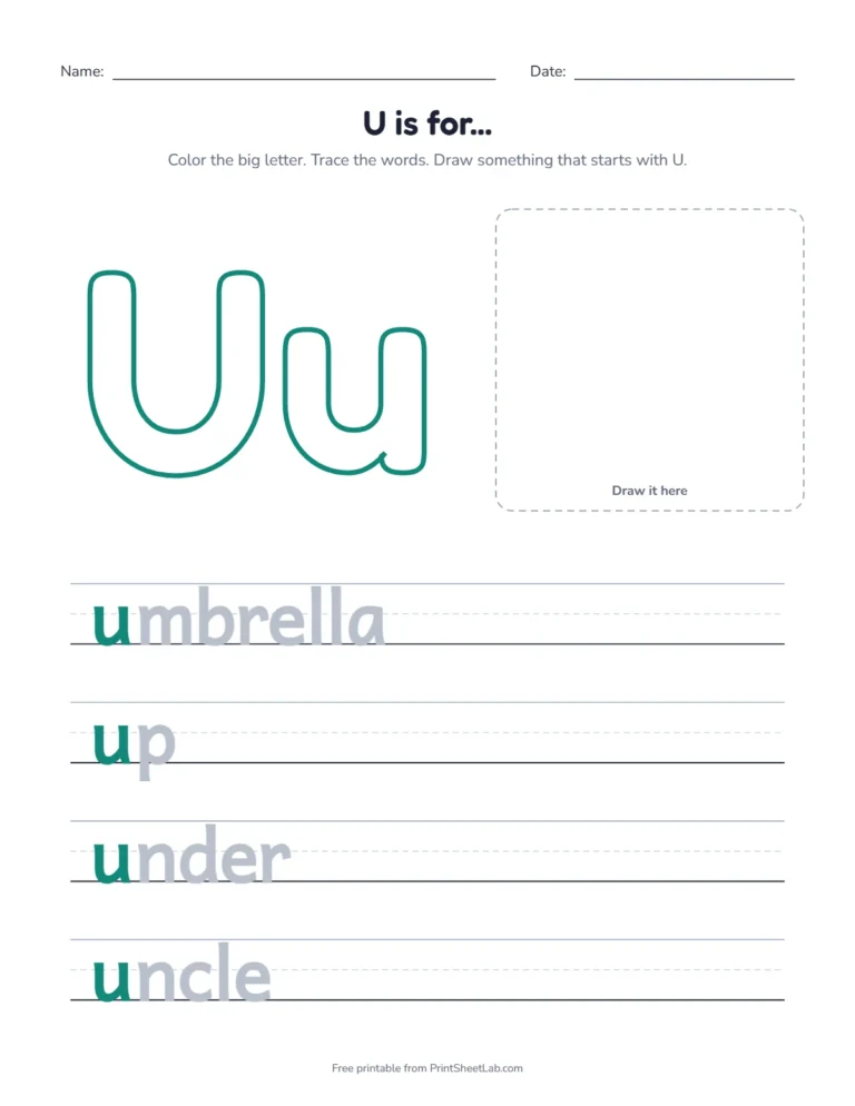 U is for umbrella coloring page with umbrella, up, under and uncle to trace