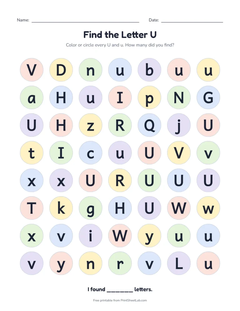 Letter U worksheets: find the letter U among look-alike letters
