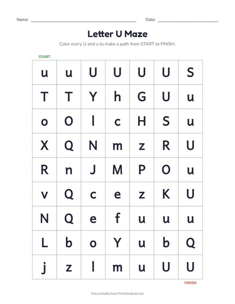 Letter U worksheets kindergarten maze: color the U squares from start to finish