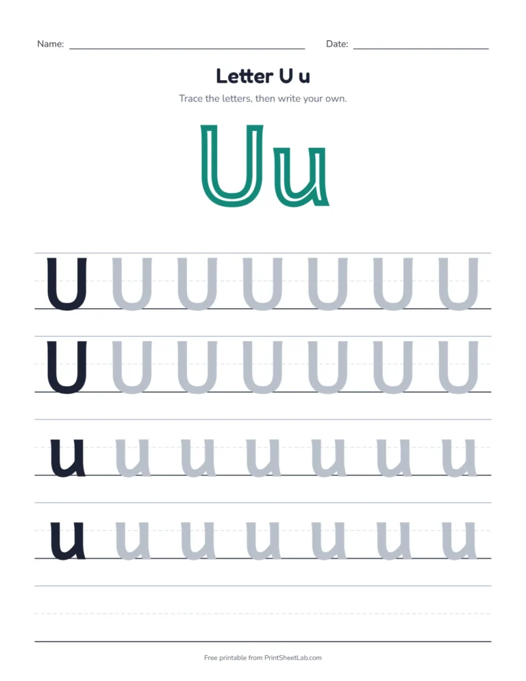 Letter U tracing worksheet with uppercase U and lowercase u rows