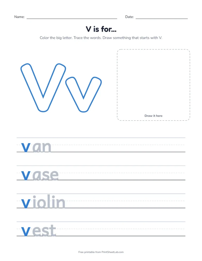 V is for van coloring page with van, vase, violin and vest to trace