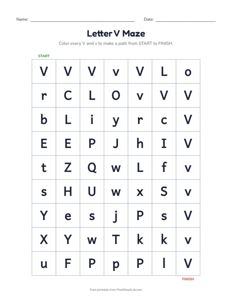 Letter V worksheets kindergarten maze: color the V squares from start to finish