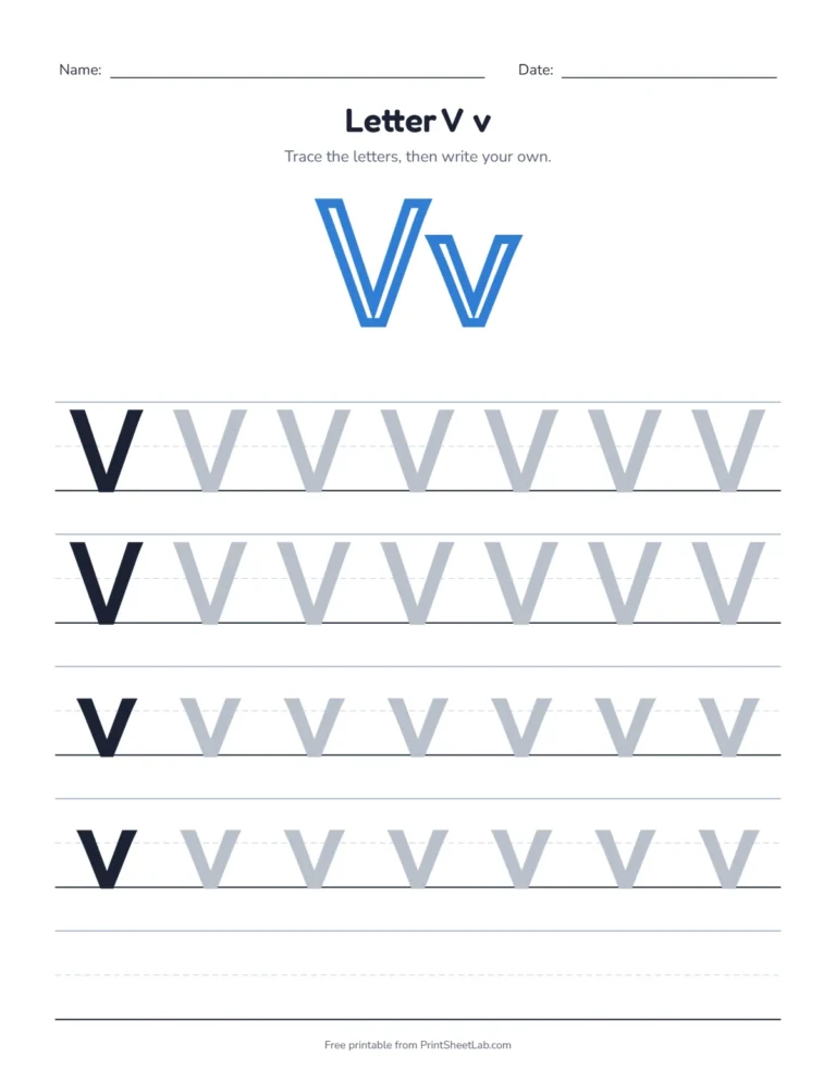 Letter V tracing worksheet with uppercase V and lowercase v rows