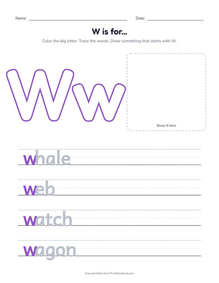 W is for whale coloring page with whale, web, watch and wagon to trace