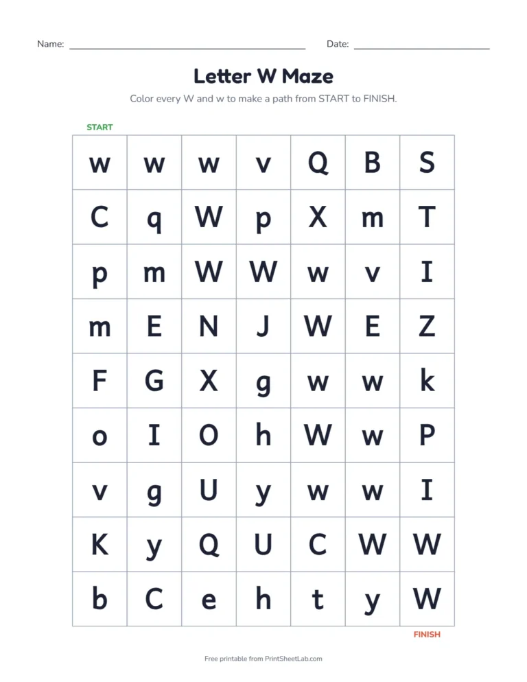 Letter W worksheets kindergarten maze: color the W squares from start to finish