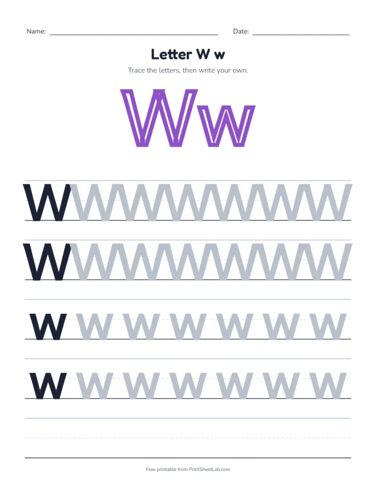 Letter W tracing worksheet with uppercase W and lowercase w rows