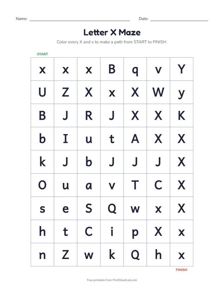 Letter X worksheets kindergarten maze: color the X squares from start to finish