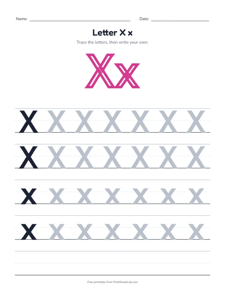 Letter X tracing worksheet with uppercase X and lowercase x rows