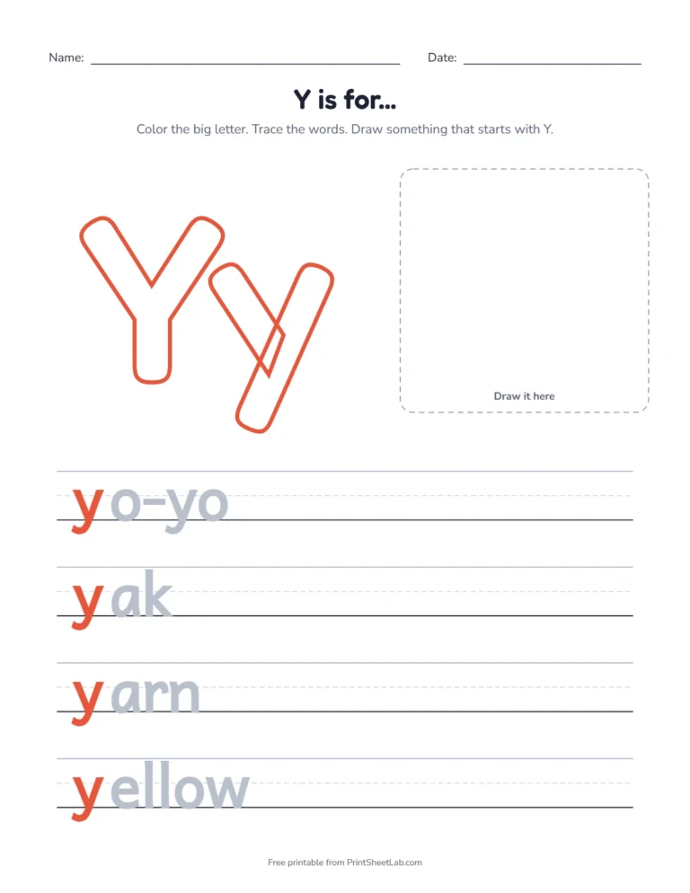 Y is for yo-yo coloring page with yo-yo, yak, yarn and yellow to trace