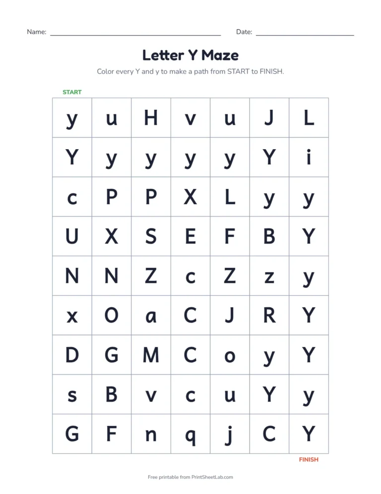 Letter Y worksheets kindergarten maze: color the Y squares from start to finish