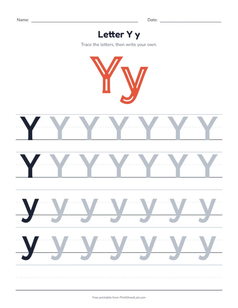 Letter Y tracing worksheet with uppercase Y and lowercase y rows