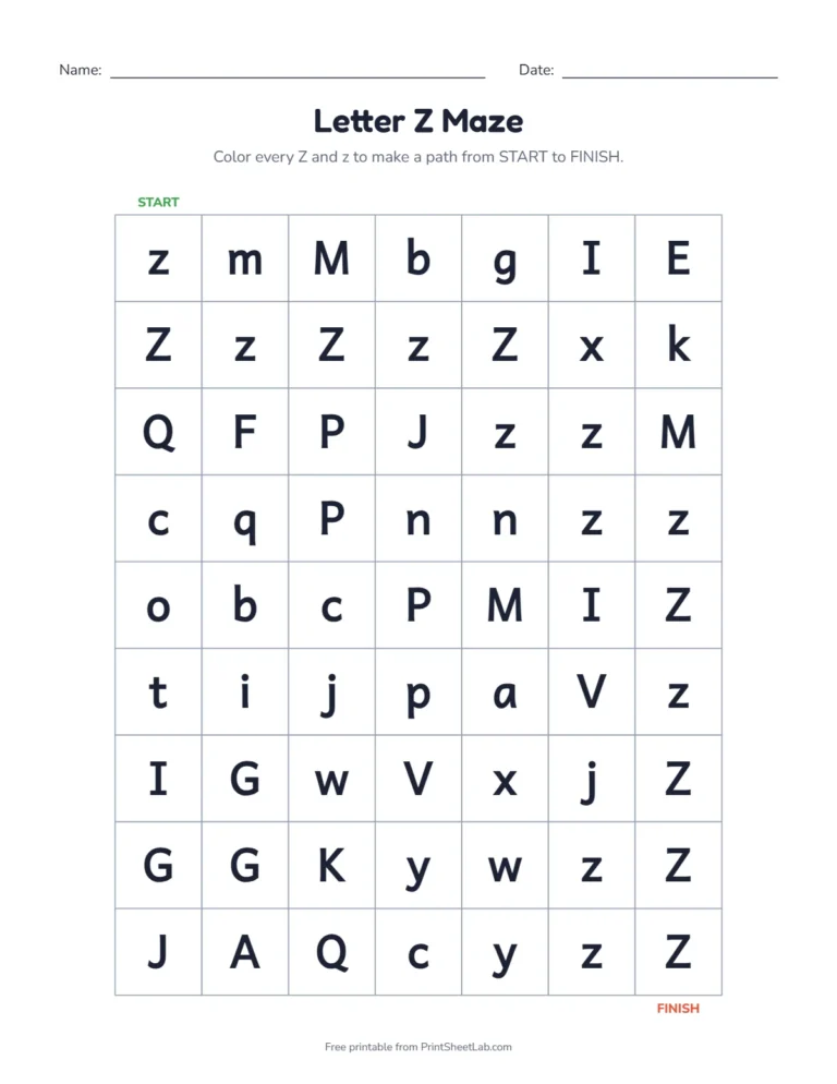 Letter Z worksheets kindergarten maze: color the Z squares from start to finish