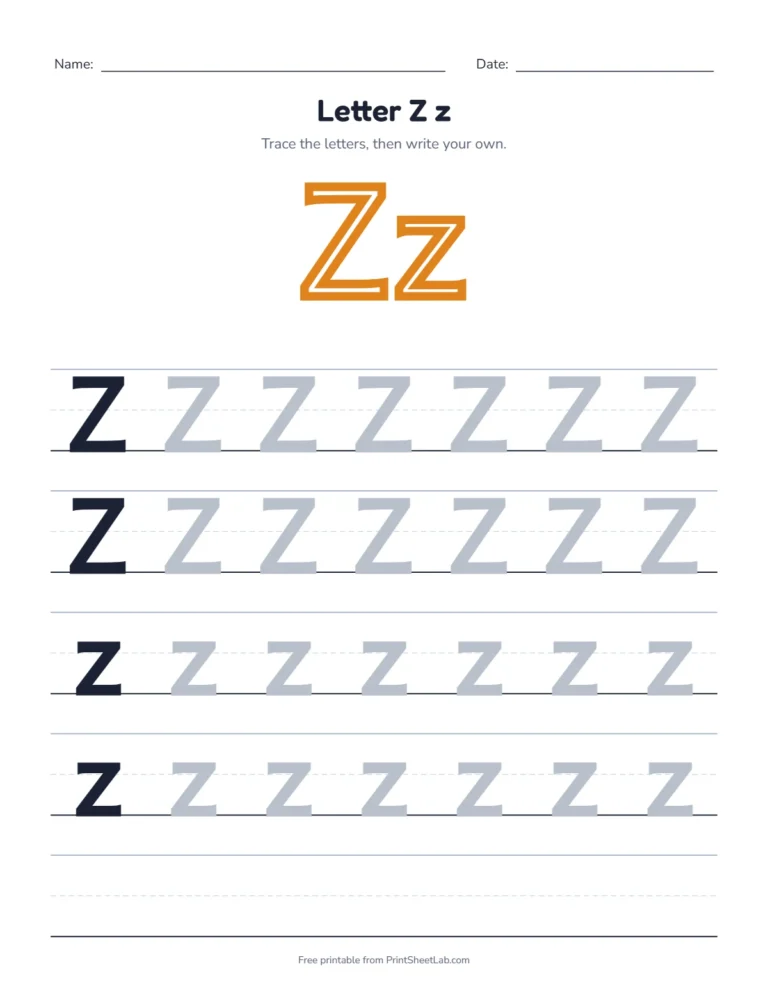 Letter Z tracing worksheet with uppercase Z and lowercase z rows