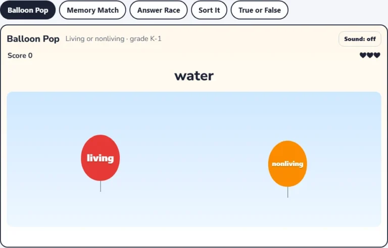 Living and nonliving things Balloon Pop with the word water and two balloons