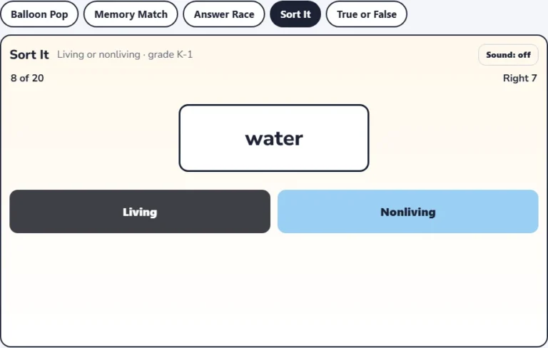 Living or nonliving game Sort It with the word water and the Living and Nonliving buttons