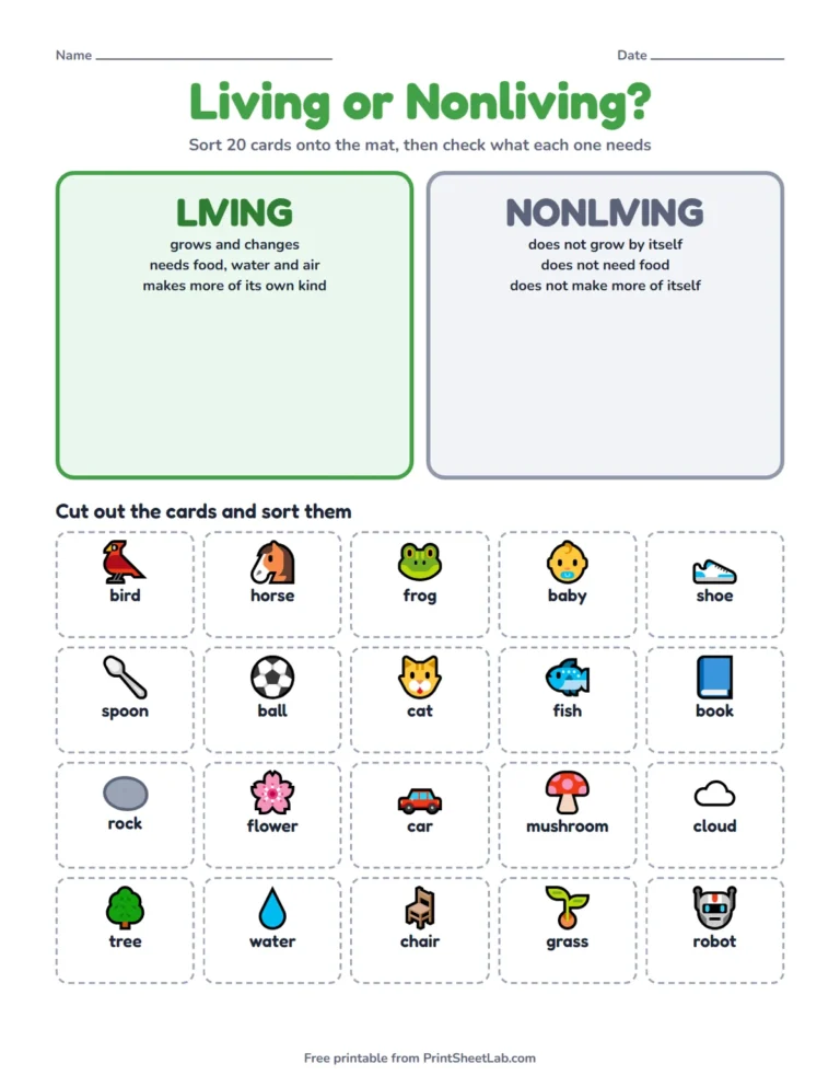 Living or nonliving game sorting mat printable with 20 picture cards to cut out and sort